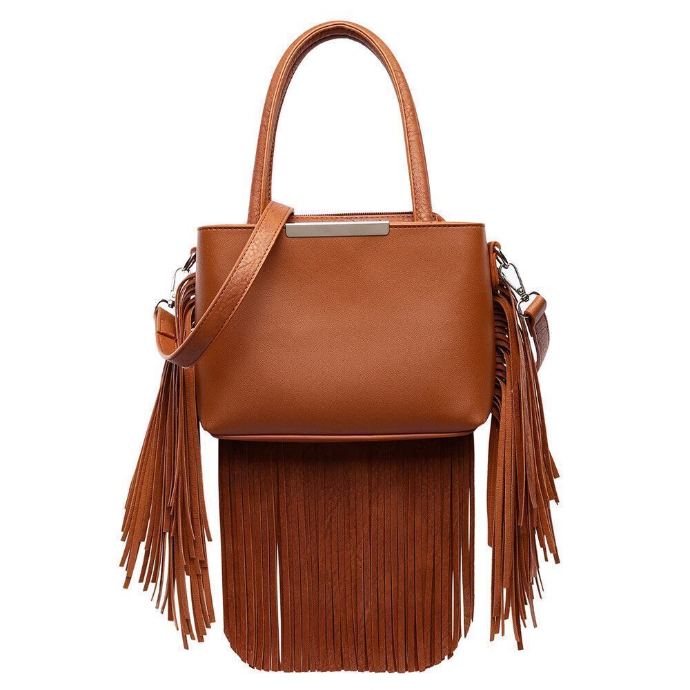 Brown Solid Fringe Medium Satchel Handbag  for Women